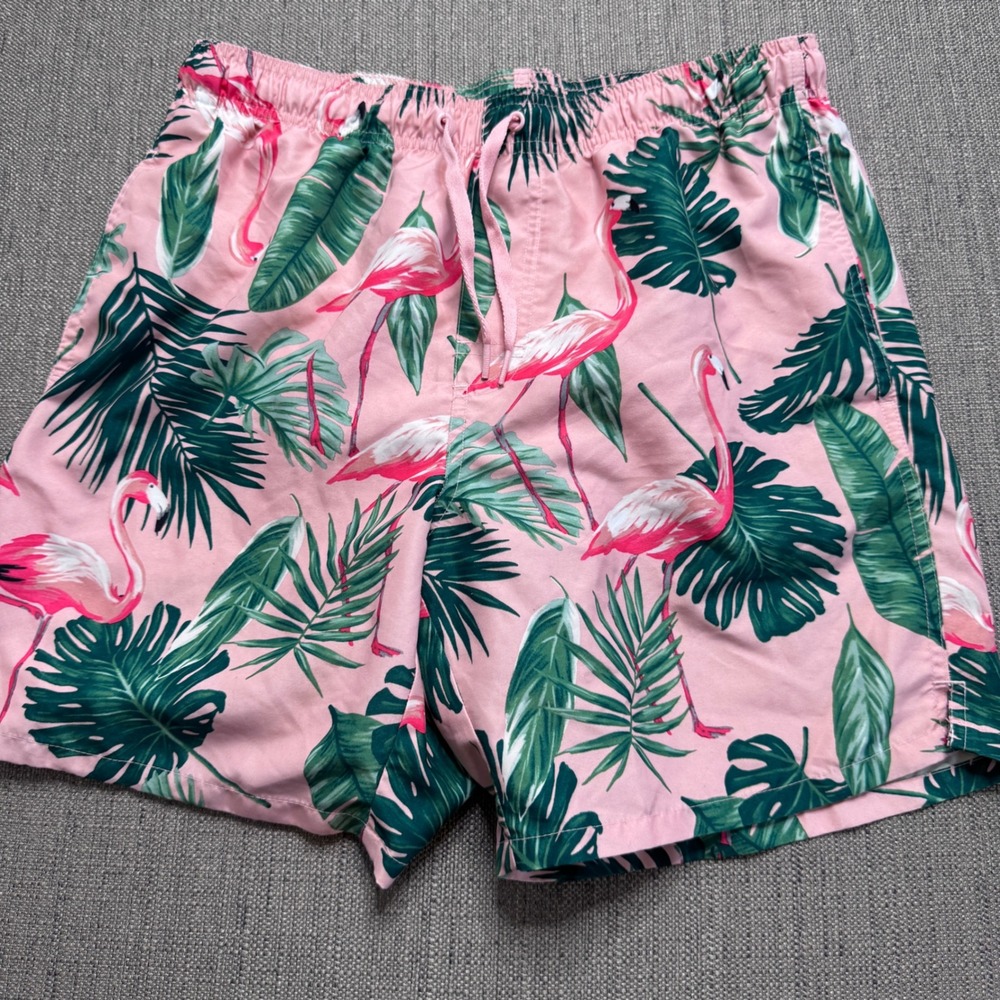Old Navy Mens Pink Flamingo Tropical Palm Leaf Swim Trunks Medium